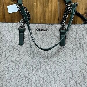 Calvin Klein Monogram Tote‎ Bag Dark Green Leather Trim Chain Strap